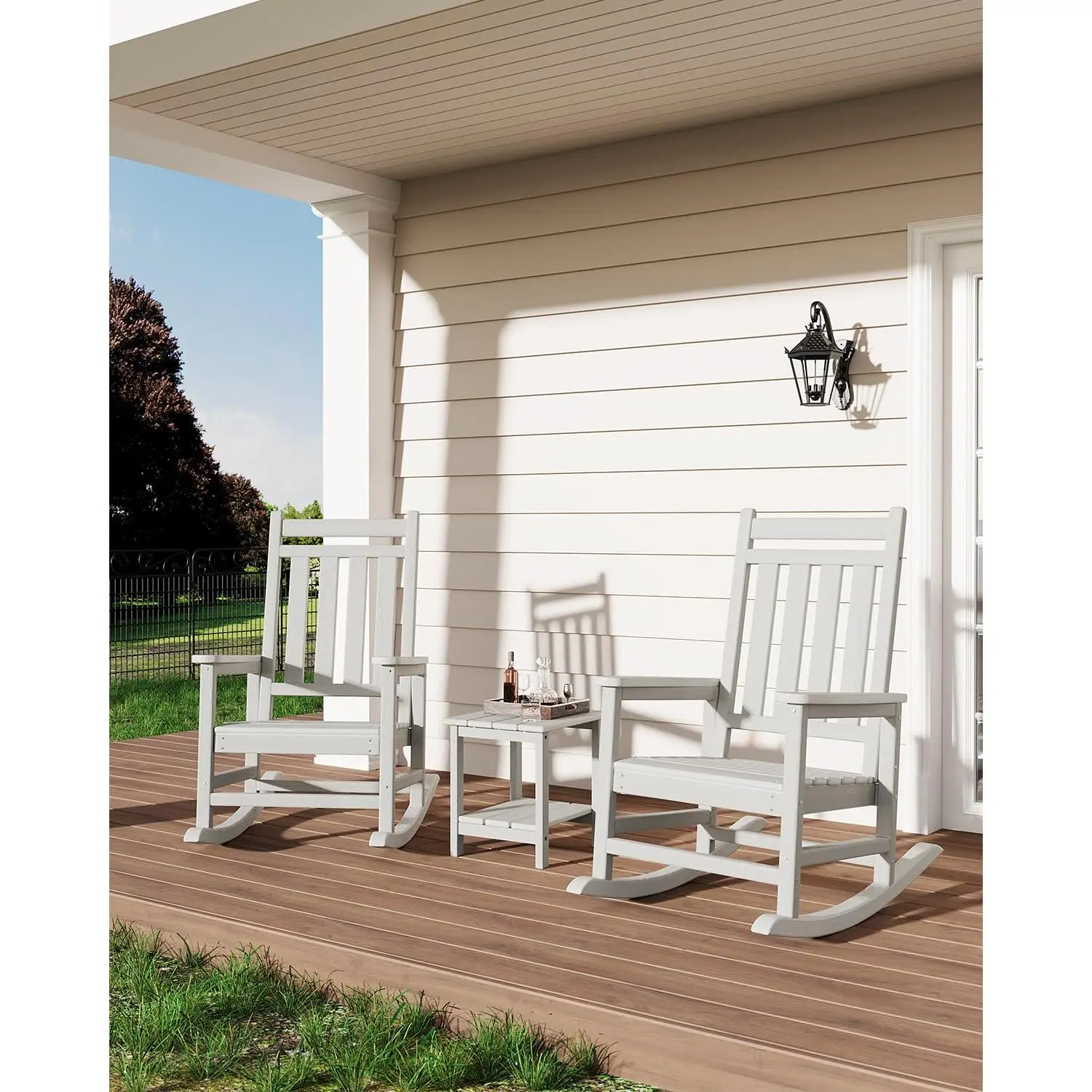 Weather Resistant 2-Tier Patio Side Table Set - HDPE Adirondack End Table with Wood Grain Finish, Durable 18 Inch Square Outdoor Accent Table for Patio, Garden, Deck, Porch, Poolside, Indoor or Outdoor Use