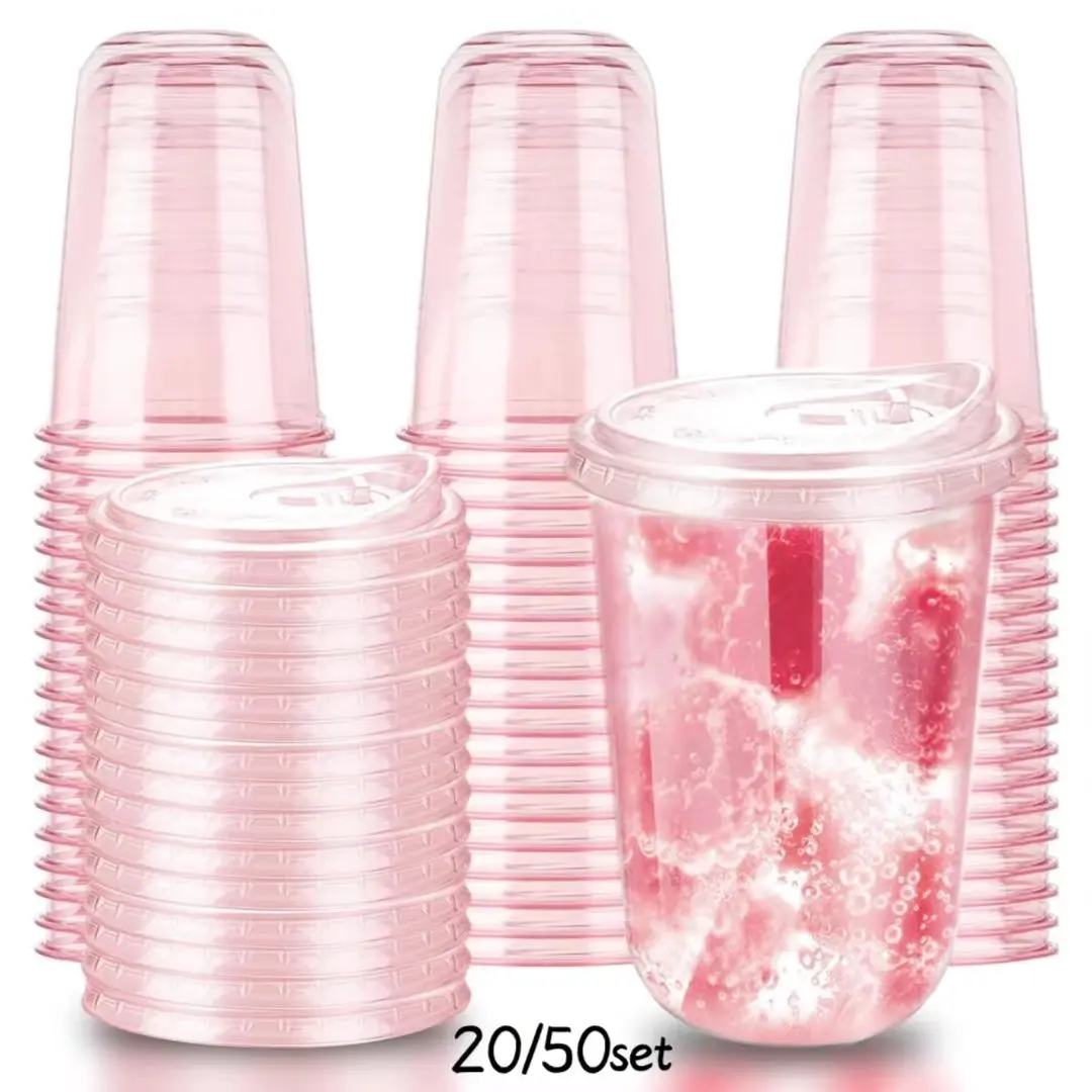 20/50 Pcs Disposable Clear Plastic Straw Lids, Pet Water Cups, Transparent Plastic Coffee Cups, Ideal for Iced Coffee, Smoothies, Cold Drinks, Party Supplies, Party Tableware Supplies