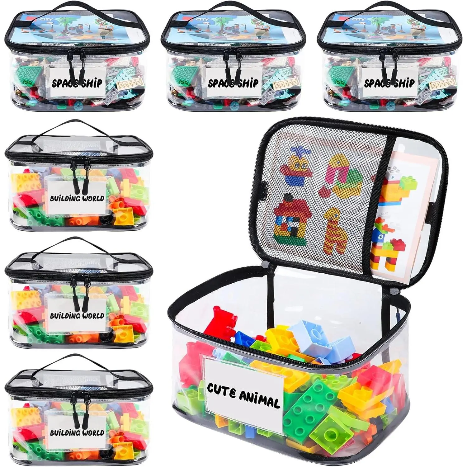 6 Pack Clear Toy Storage Bag with Name Tag and Manual Pocket, Waterproof Transparent PVC Toy Organizer Case for Lego Bricks, Board Games, Building Blocks, Puzzles, Large Capacity, Black