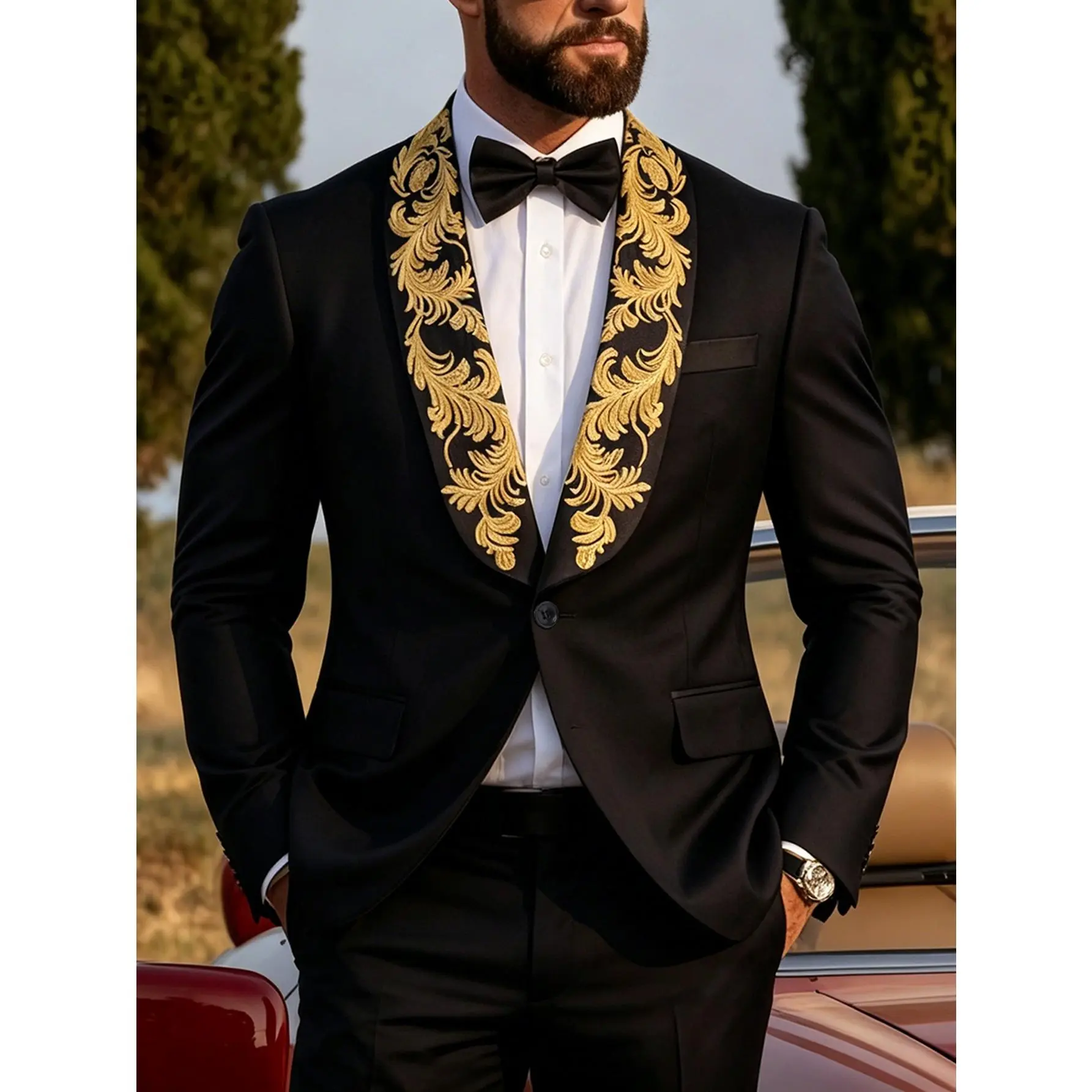 Men’s Suit Black Shawl Collar Blazer with Gold Embroidery, One Button Formal Tuxedo Jacket for Wedding, Prom & Party