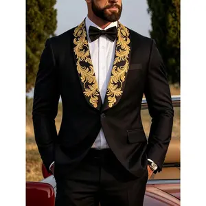 Men’s Suit Black Shawl Collar Blazer with Gold Embroidery, One Button Formal Tuxedo Jacket for Wedding, Prom & Party