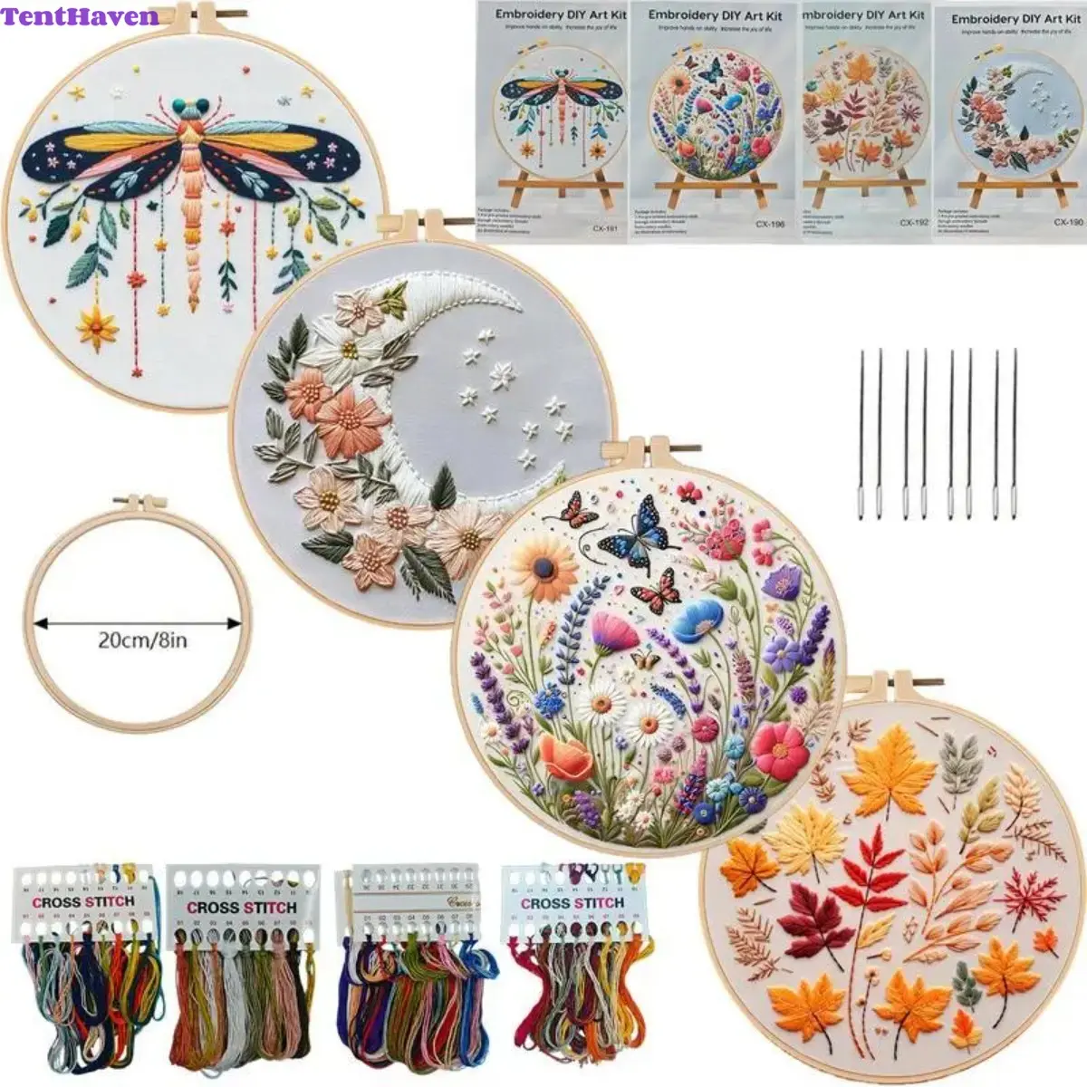 DIY Celestial Embroidery Kit for Adults - Starry Sky, Dragonfly, Star and Moon Patterns on Printed Fabric with English Guide, Indoor Leisure Handcraft Project