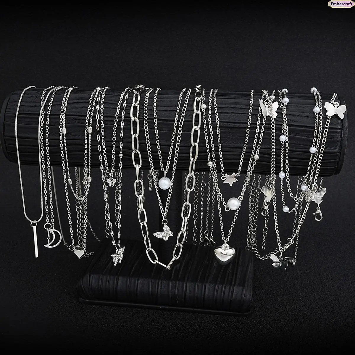 Whimsical Boho Style Jewelry Set for Women, 14-Piece Layered Metal Chain Necklaces & Rings with Celestial Charms, Whimsy, Moon