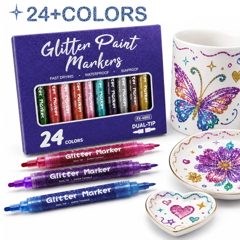 12/24 Color Acrylic Glitter Markers, Water-Based Sparkle Pens for DIY Art, Ideal for Notebooks, Cards, and Various Materials