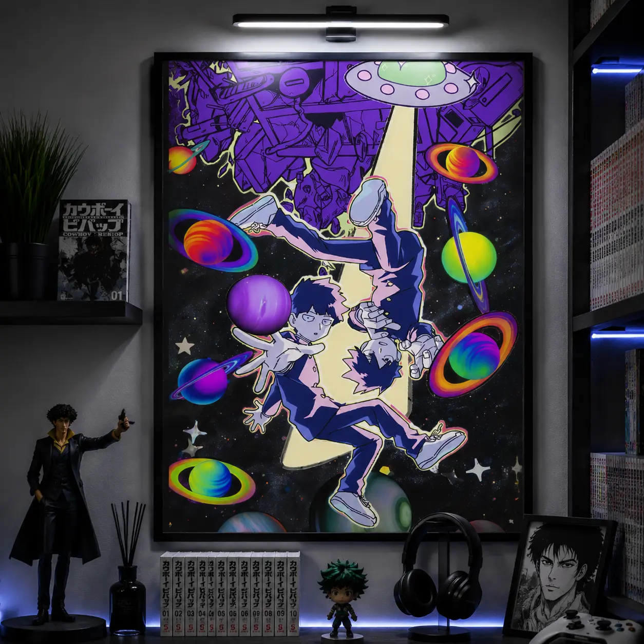 Cosmic anime inspired space wall art poster colorful galaxy adventure design neon planet graphic print gaming room bedroom decor aesthetic illustration modern home decoration creative gift idea for fans vibrant artwork