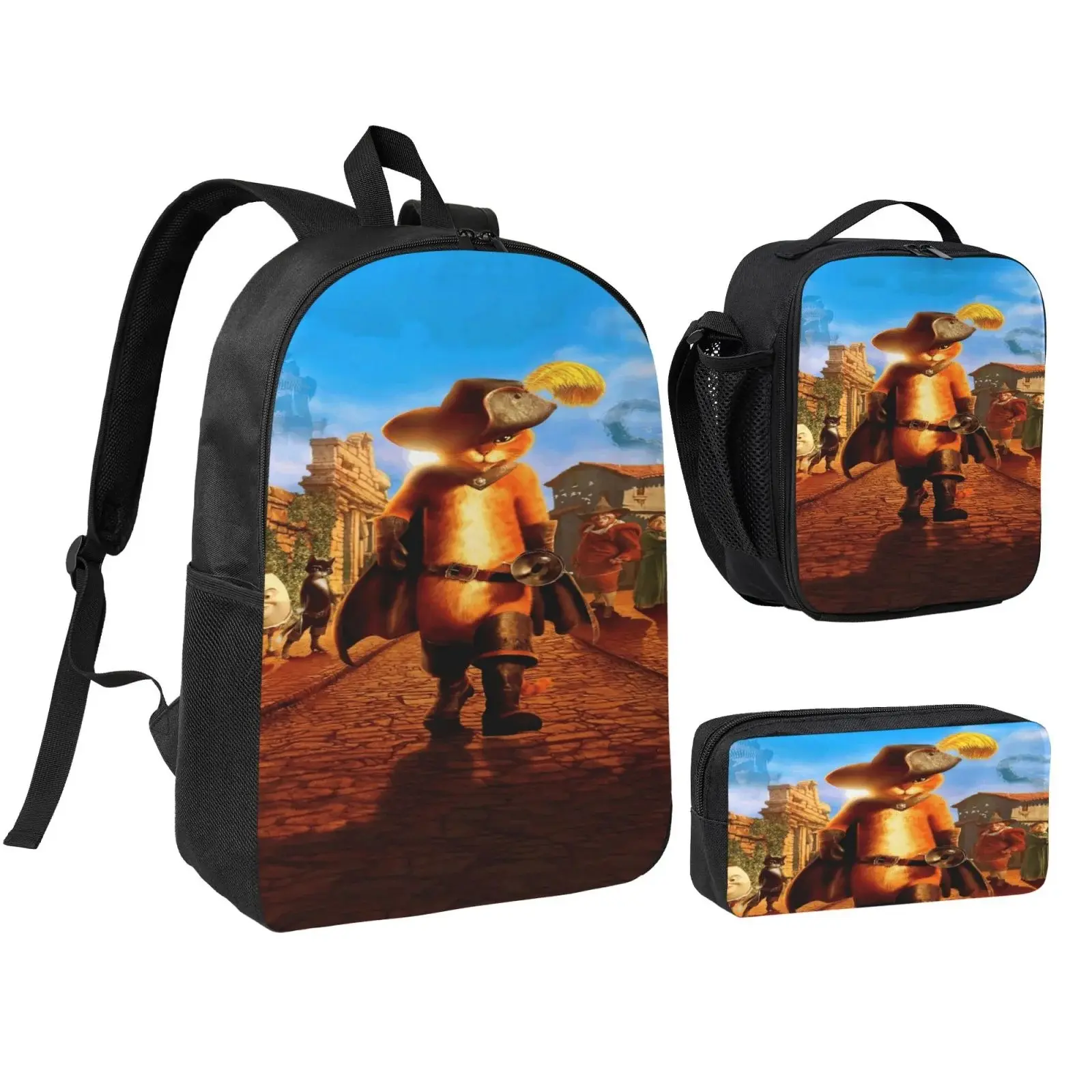 Puss in Boots Movie Scene 3-Pieces Backpack Set, Durable 600D Oxford Cloth School Bag Combo with Lunch Box & Pencil Case, Adjustable Strap, Breathable, Fits 15in Laptop for Kids School/Travel, Prop 65 Safe