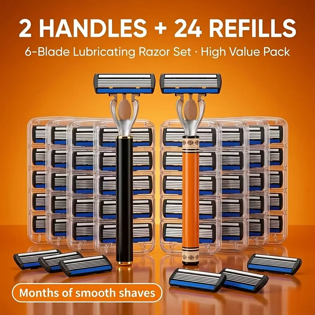 6-Layer Manual Razor Set with Handle, Stainless Steel Blades for Smooth Shaving, Facial Shaving Razors, Reusable & Washable, Unisex Grooming Tool, Travel-Friendly, Perfect Gift