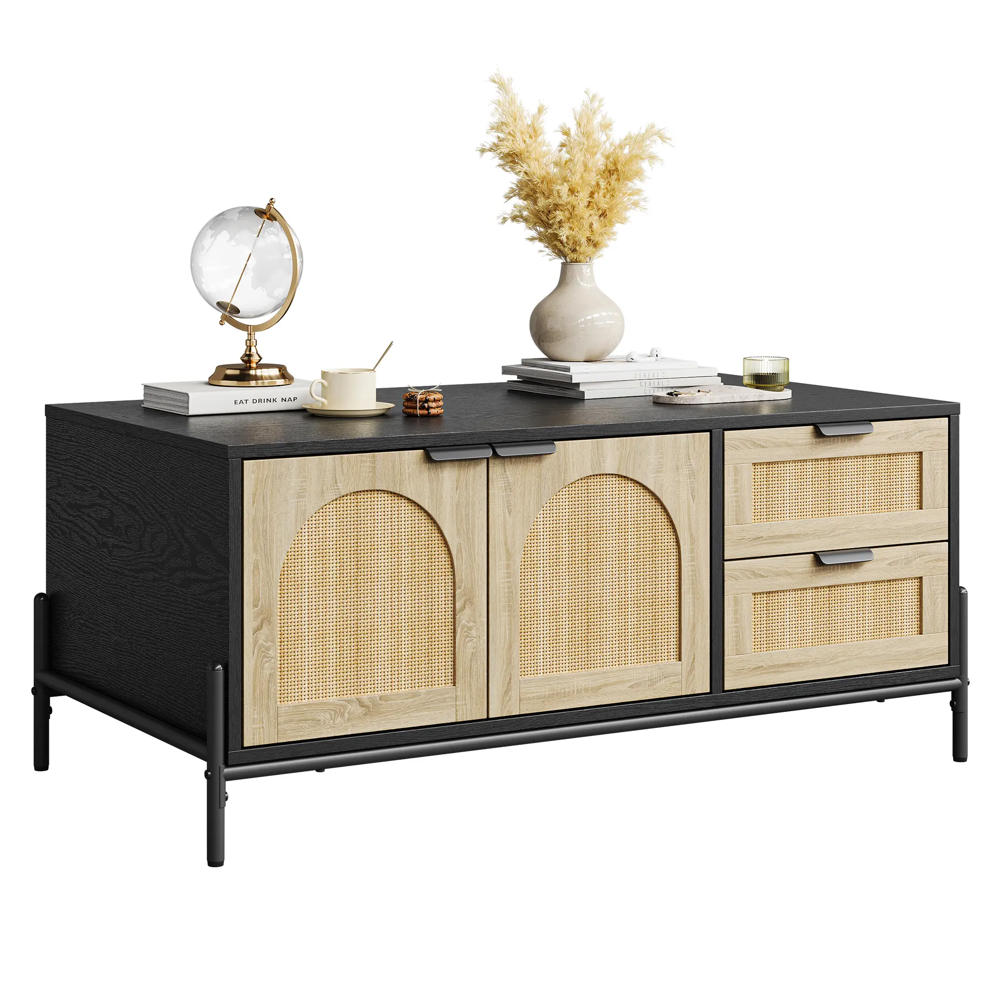 Mid Century Modern Rattan Coffee Table with LED Lights, Wood & Metal Frame Rectangular Living Room Table, 2 Drawers, Arched Doors & Open Shelf for Ample Storage
