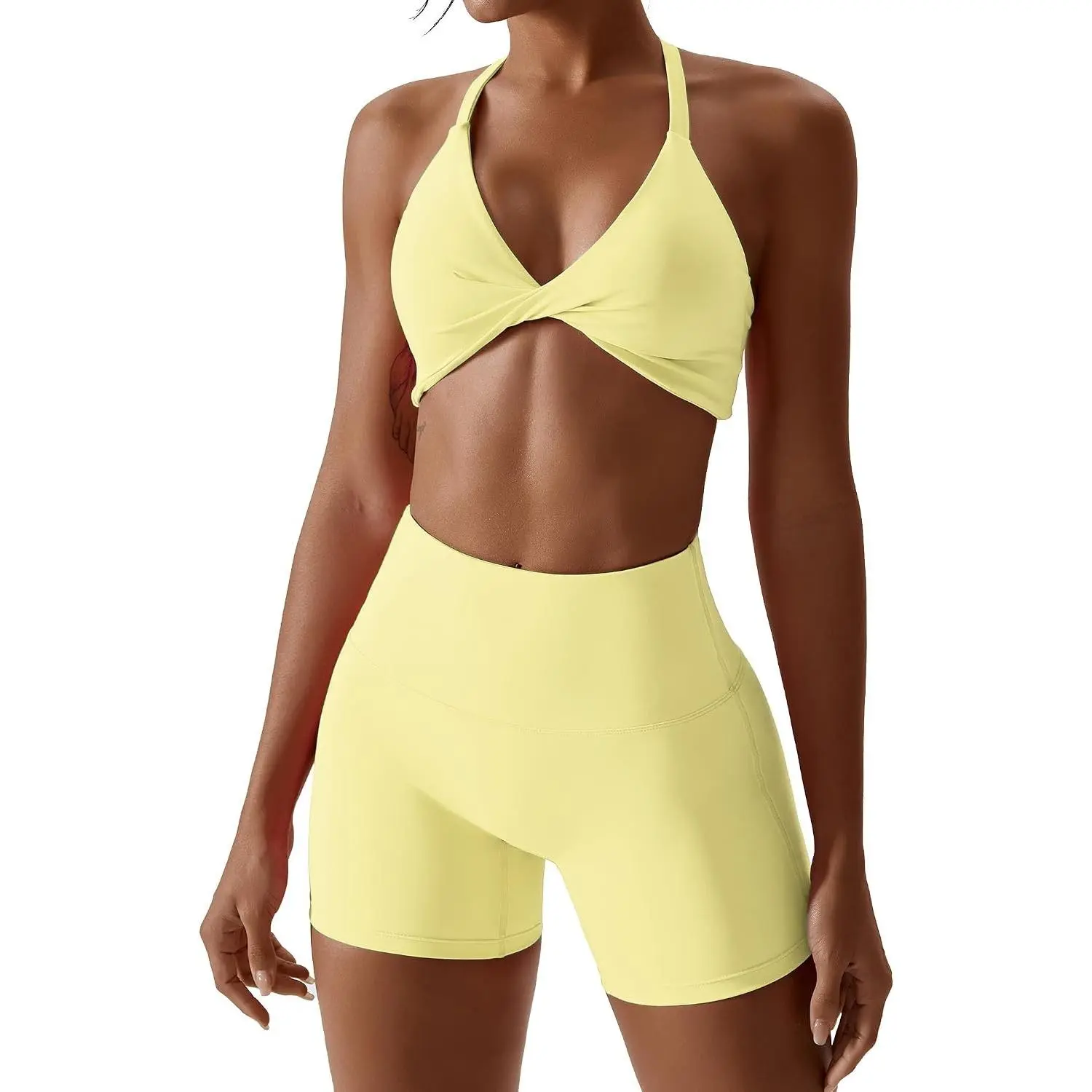 Workout Sets for Women 2 Piece Twist Front Halter Sports Bras High Waist Biker Shorts Exercise Gym Yoga Outfit