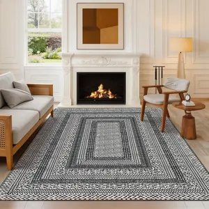 Area Rug, Living Room Rugs, Washable Modern Geometric Non Slip Rug, Bordered Low Pile Ultra Thin Stain Resistant Under Table Carpet for Dining Room