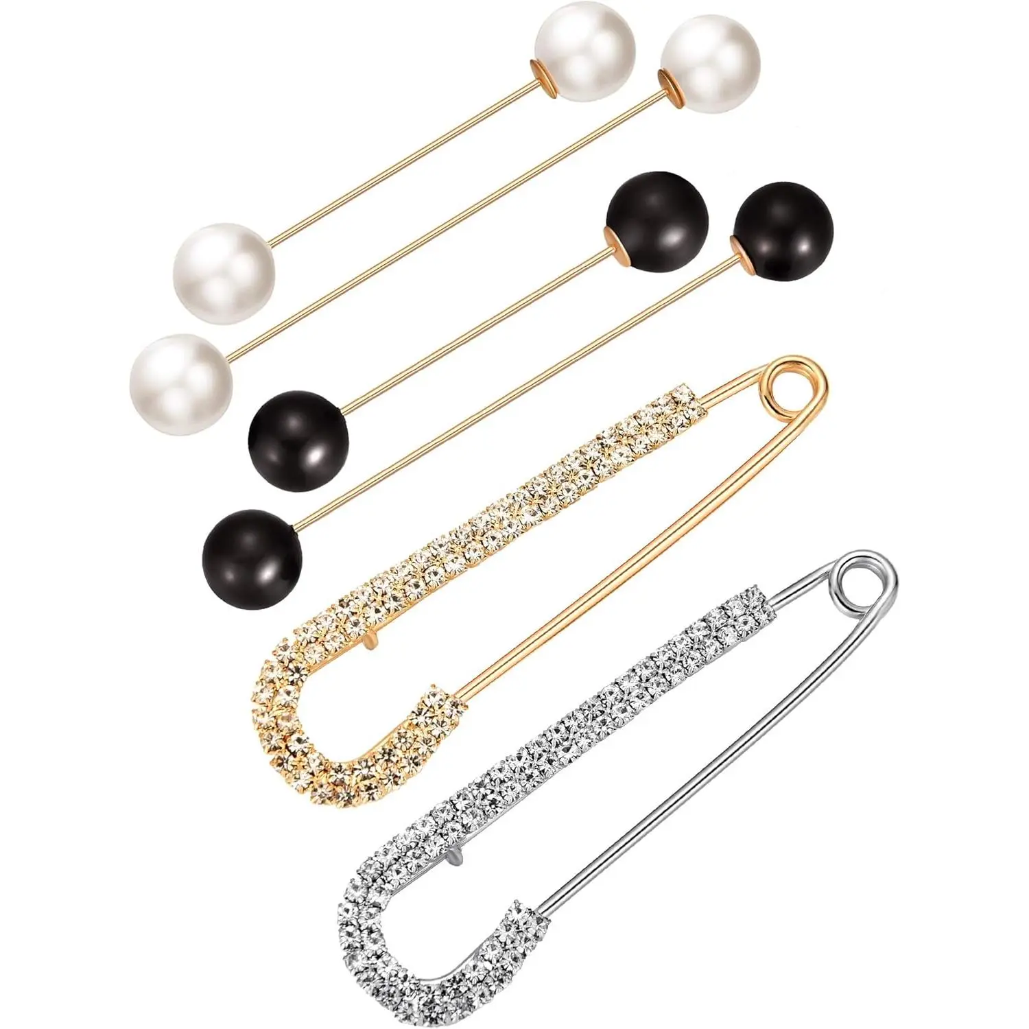 Women's Retro Pearl-Crystal Collar Clips & Brooch Pins (6 Pieces) with Metal Coating - Costume Wear Accessory for Sweater Shawl, Cardigan, Dress Shirt Back Cinch & Waist, Pearls/Crystals, Retro Look