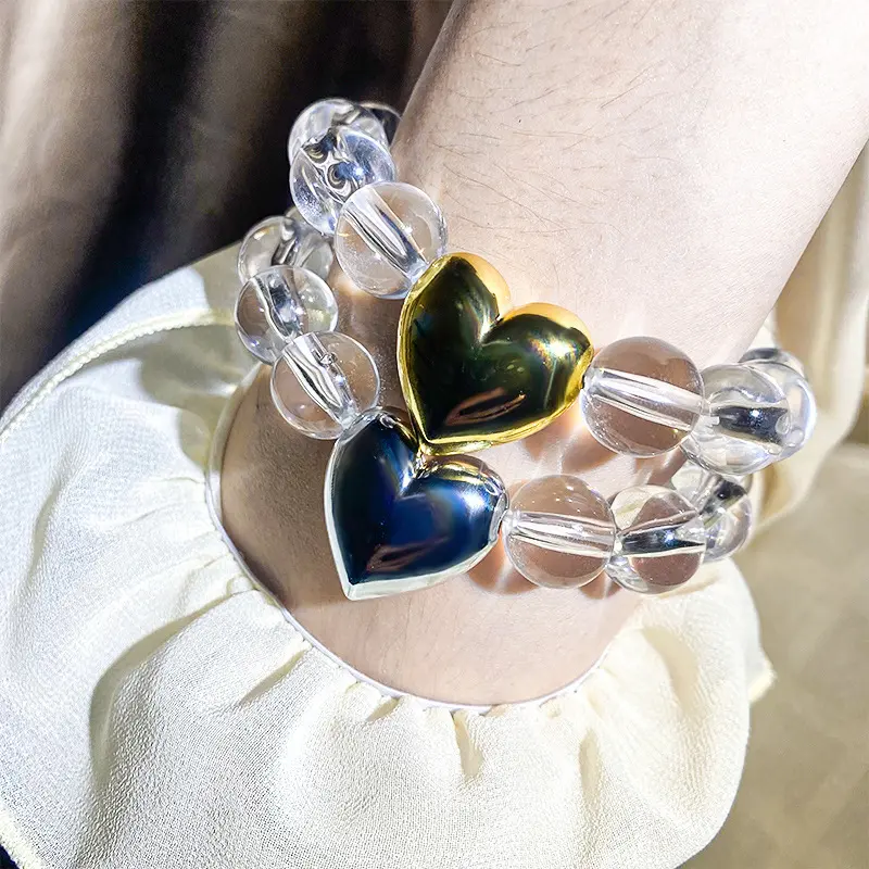 Women's Dainty Heart Motif Elastic Beads Stretch Bracelet, Minimalist Ins Fashion Sports Wristband, Layered Stack Aesthetic Jewelry, Valentine Gifts for Female Wear, Friendship Matching Gift, Elegant, All Seasons, One Size