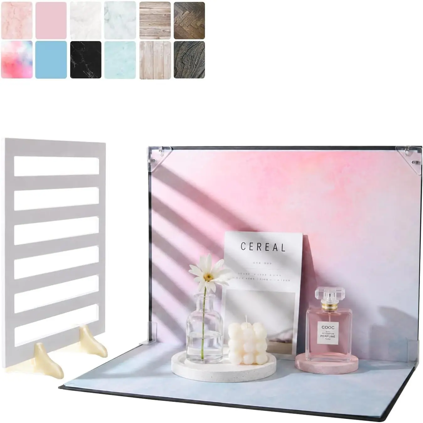 Product Photography Backdrops, 16x11.5 Inch Photo Backdrop Board Kit, 8 count 16 Patterns with 2 count Photo Shadow Maker for Makeup Product ,    Photography
