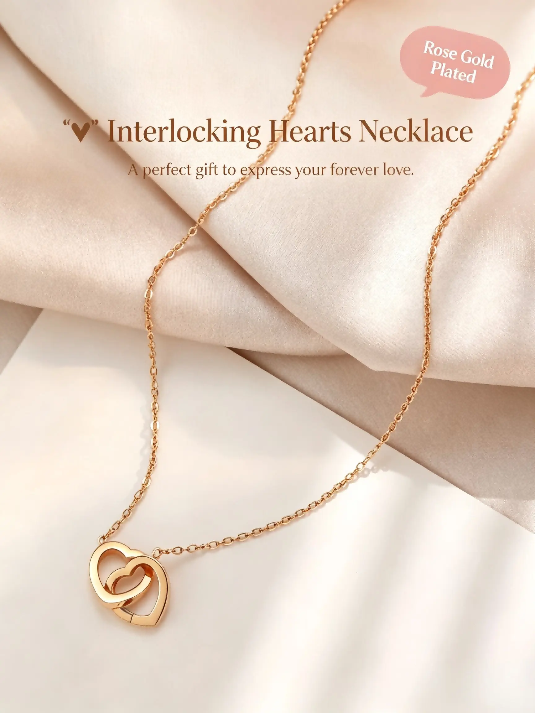 18k Rose Gold Plated Interlocking Double Heart Necklace, Titanium Steel Non Tarnish, Hypoallergenic, Graduation Gift for Women