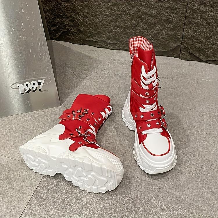 Chunky Platform Thick-Sole Height Increase 1.38 1.97 Lift Lace-Up Round-Toe All-Season All-Terrain Traction Low Heel Rubber Sole Fabric Upper Casual Athletic Wear Brown Black Easy-Clean Hand Washable