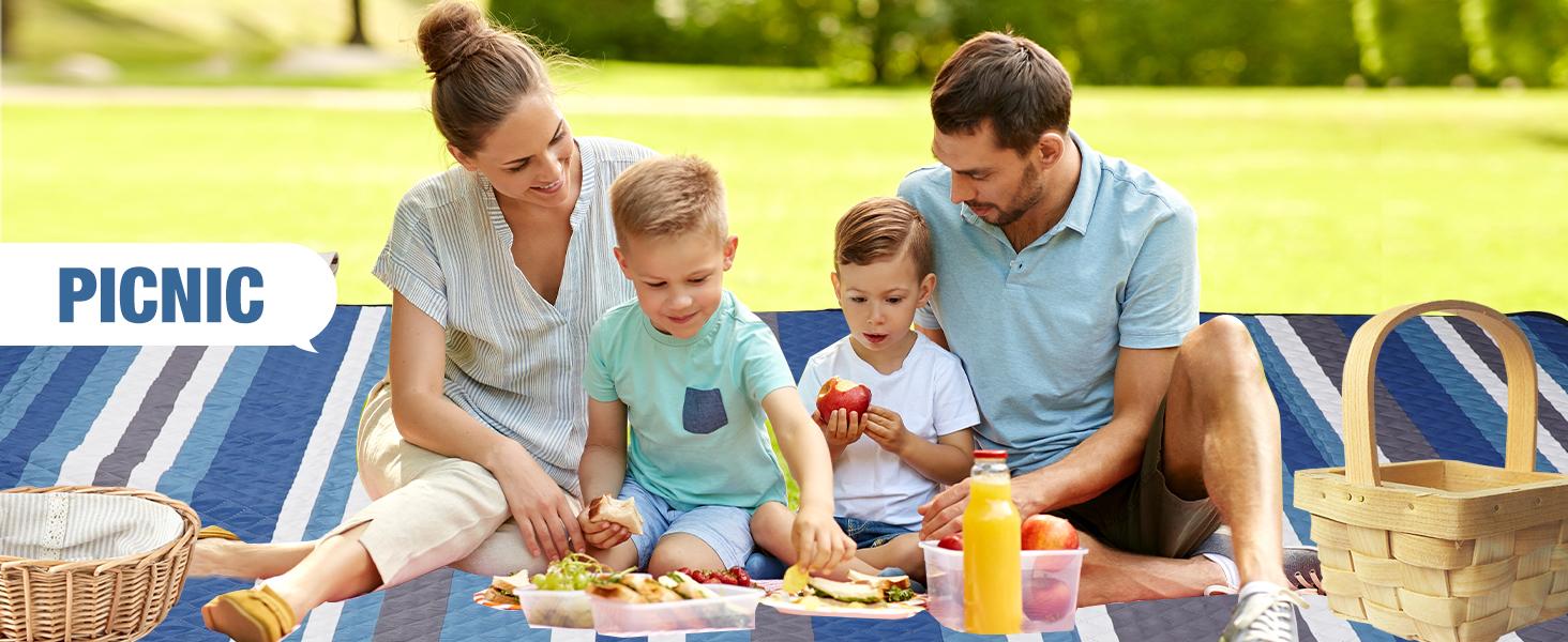 Picnic Blankets Outdoor - 80"x80" Waterproof Beach Blanket, Machine Washable 3-Layer Foldable Park Mat with Sandproof Backing for Grass, Hiking, Travel, Concerts, Indoor (BlueStrip)
