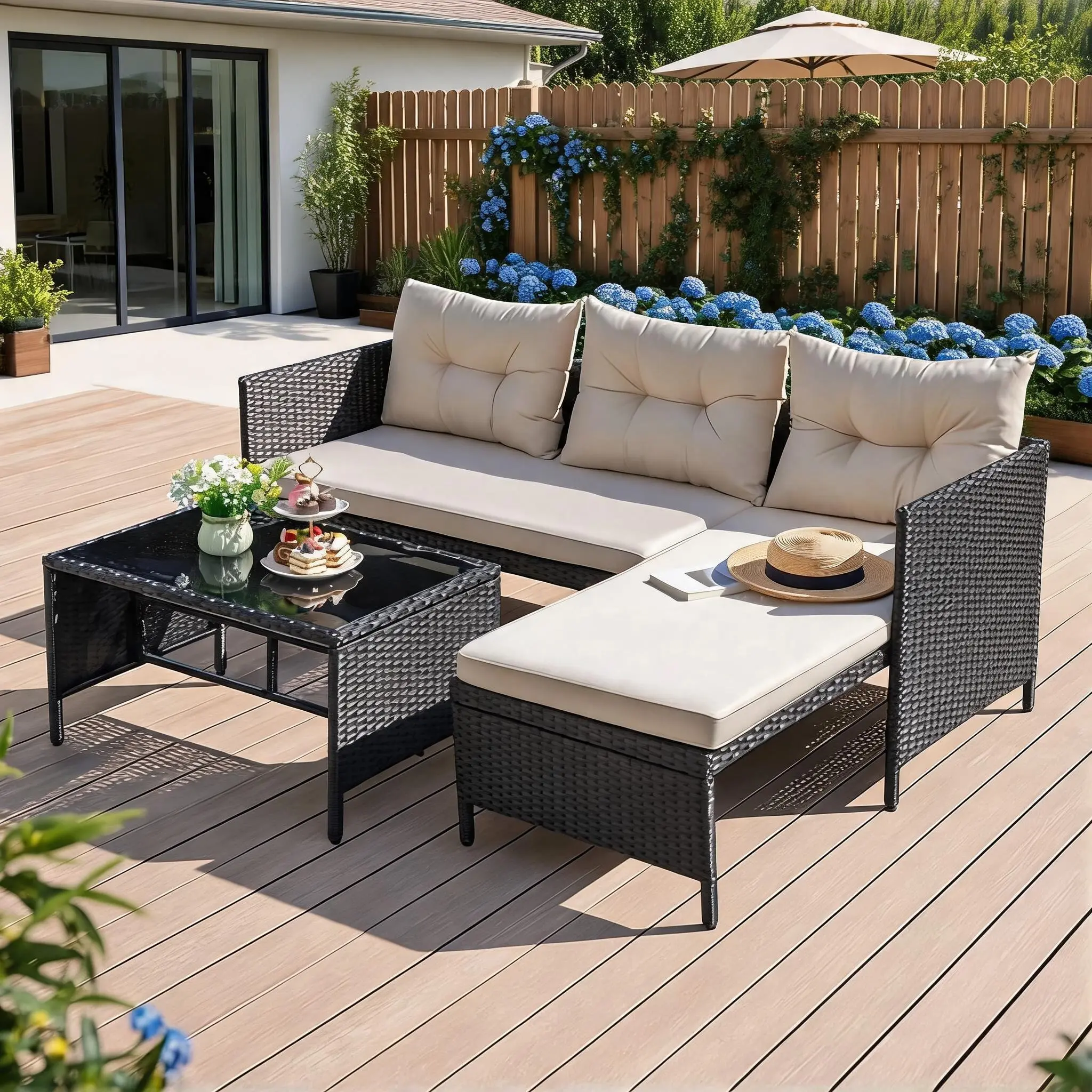 Beige 3-Piece Modular PE Rattan Outdoor Sectional Sofa Set, Combinable L-Shaped Chaise & Loveseat with Rectangular Tempered Glass Coffee Table, 3 Inch Button Tufted Thick Cushions All Weather UV Resistant Iron Alloy Frame Patio Furniture for Backyard Gard