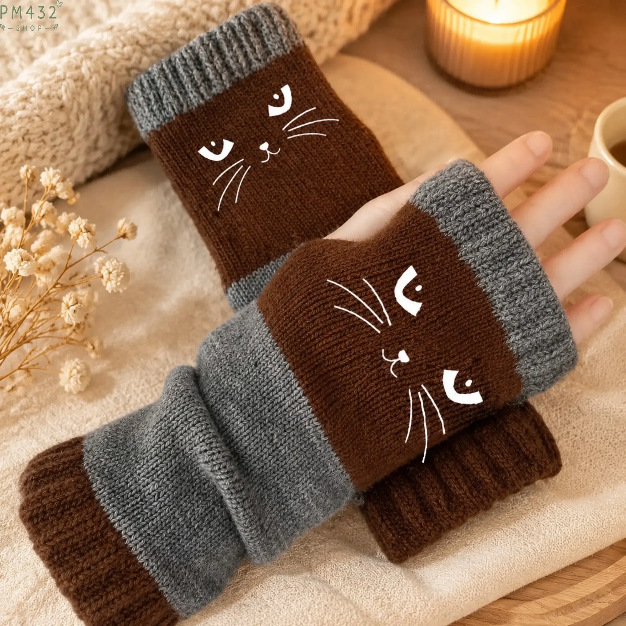 Cat Embroidery Splicing Knitted Gloves Warm Gloves Fashion Leaky Finger Casual Women's Gloves Outfits