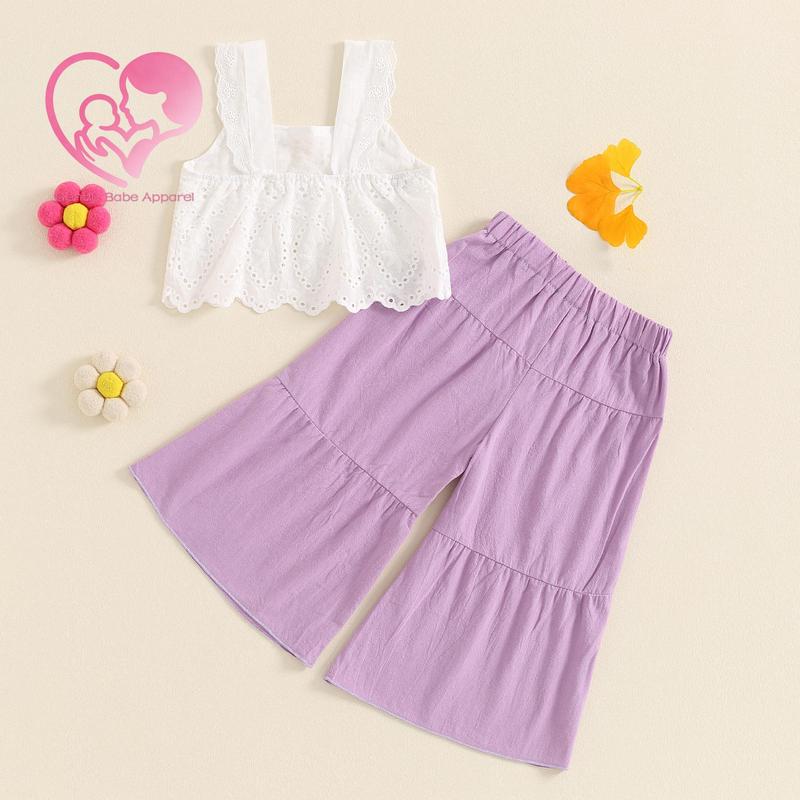(65% Cotton) GBA Baby Baby Girls Summer Outfit Solid Color Sleeveless Lace Tank Tops and Elastic Casual Wide Leg Pants Set