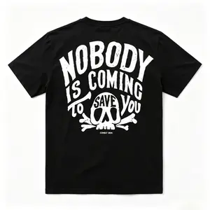 Men's Breathable Loose Motivational T-Shirt - "Nobody Is Coming To Save You" Large Back Skull Print, Soft Cotton Biker Menswear for Casual Streetwear Gym, Birthday Gift Option