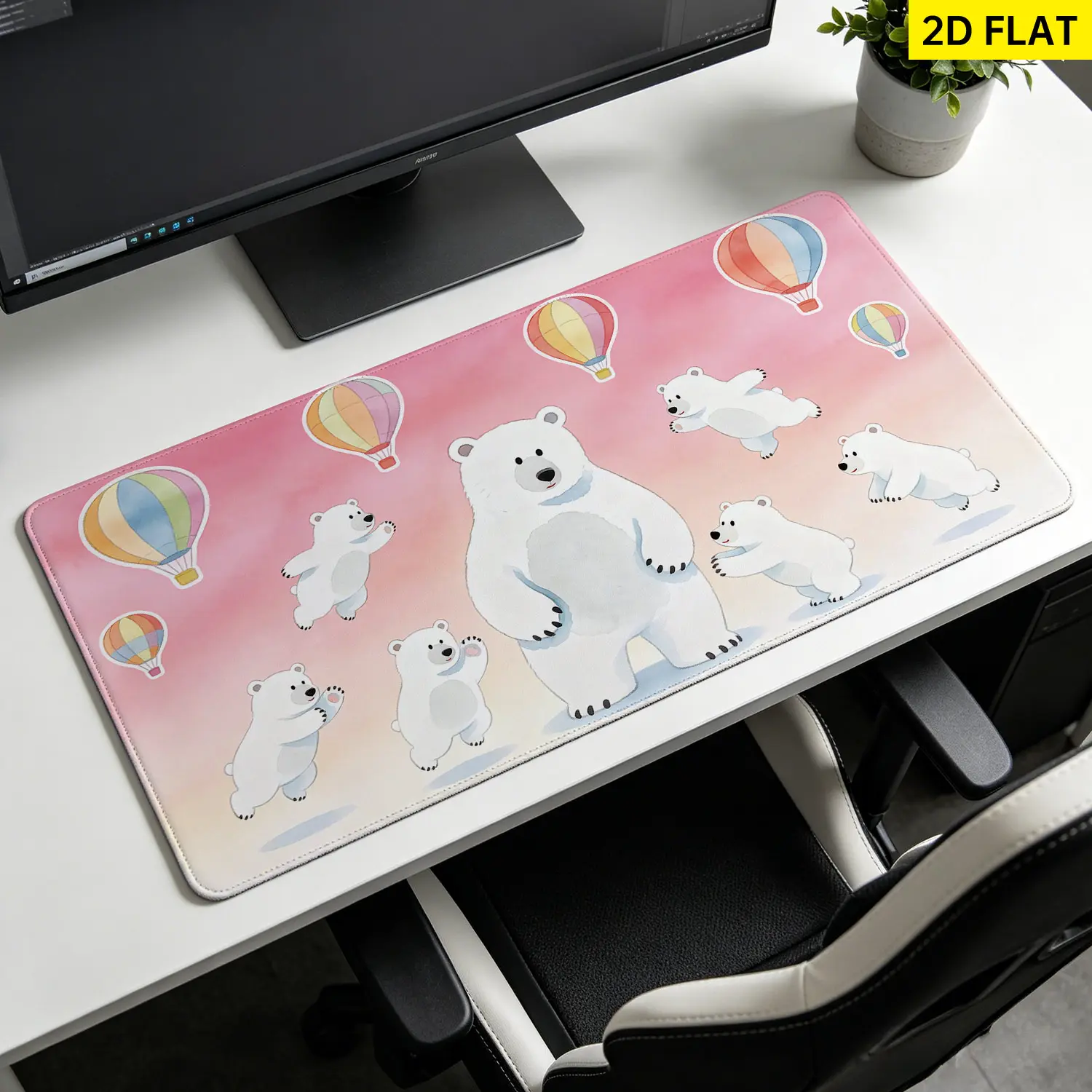 Extra Large Cute Polar Bear & Hot Air Balloon Theme Mouse Pad, Non-Slip Rubber Base, Lock Edge, Washable, Multi-Size, Precision Control, Desktop Protector for Home-Office, Gift for Family, Ideal for Gaming Users