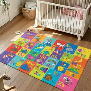Kids Alphabet with Objects Educational Crystal Velvet Anti Slip Play Rug #AlphabetObjectPlayMat #ChildrenLearningCarpet #CrystalVelvetRug #NurserySafeFloorMat