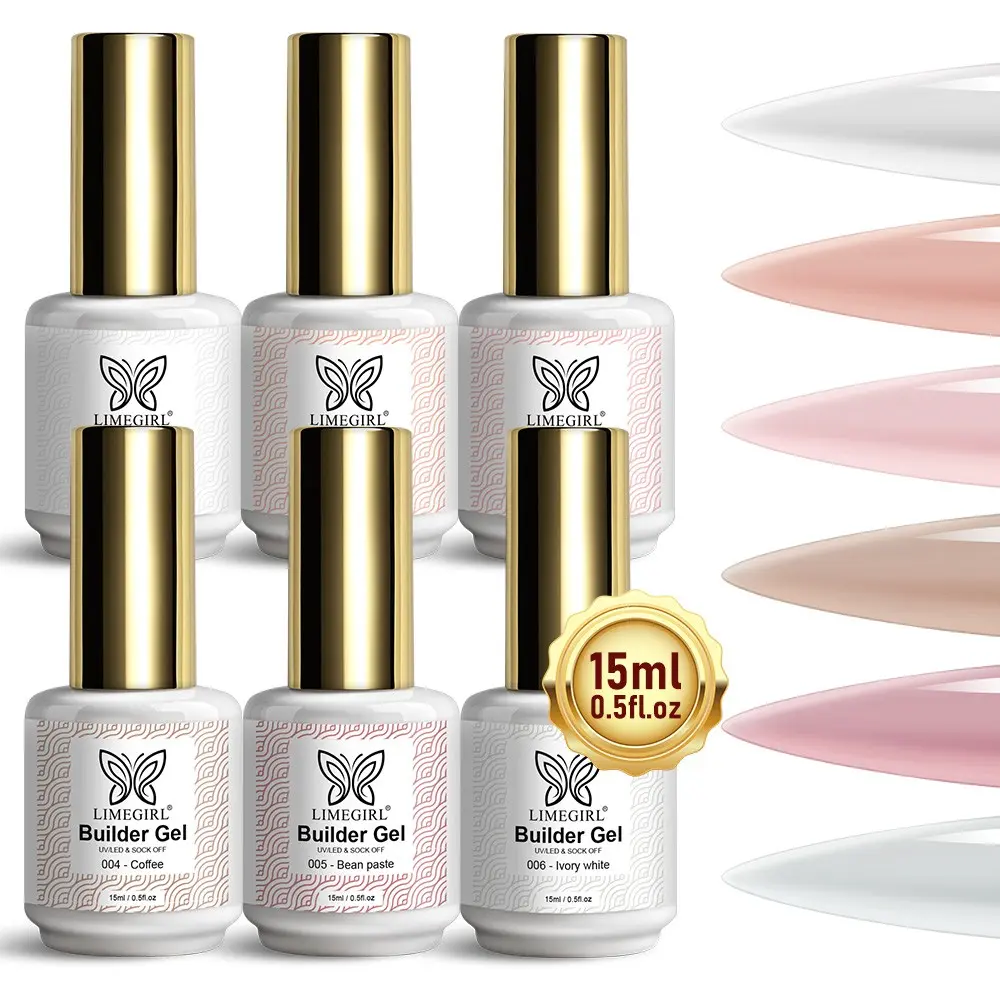 LIMEGIRL Builder Gel Set 6Color 15ML Hard Gel for Nail Extension Long Lasting Quick Building UV Gel Soak Off Nail Art Design DIY Nail Salon Kit