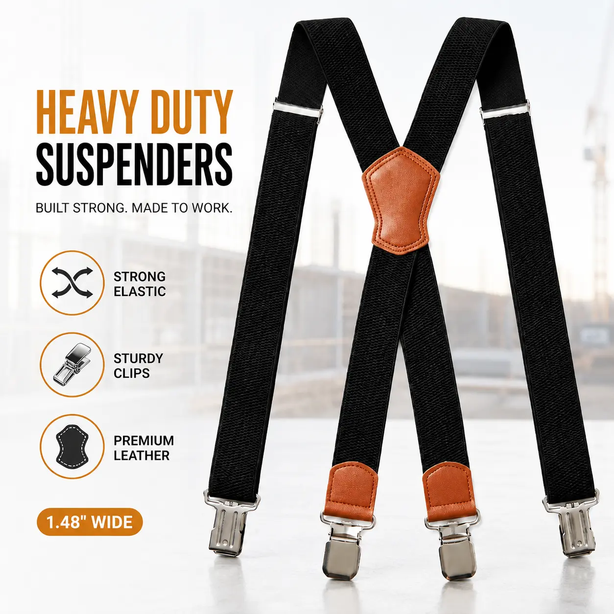 Men's Heavy Duty X-Back Suspenders, 1.48 Inch Wide Adjustable Elastic Work Suspenders with Reinforced Clips for Jeans, Work and Daily Wear
