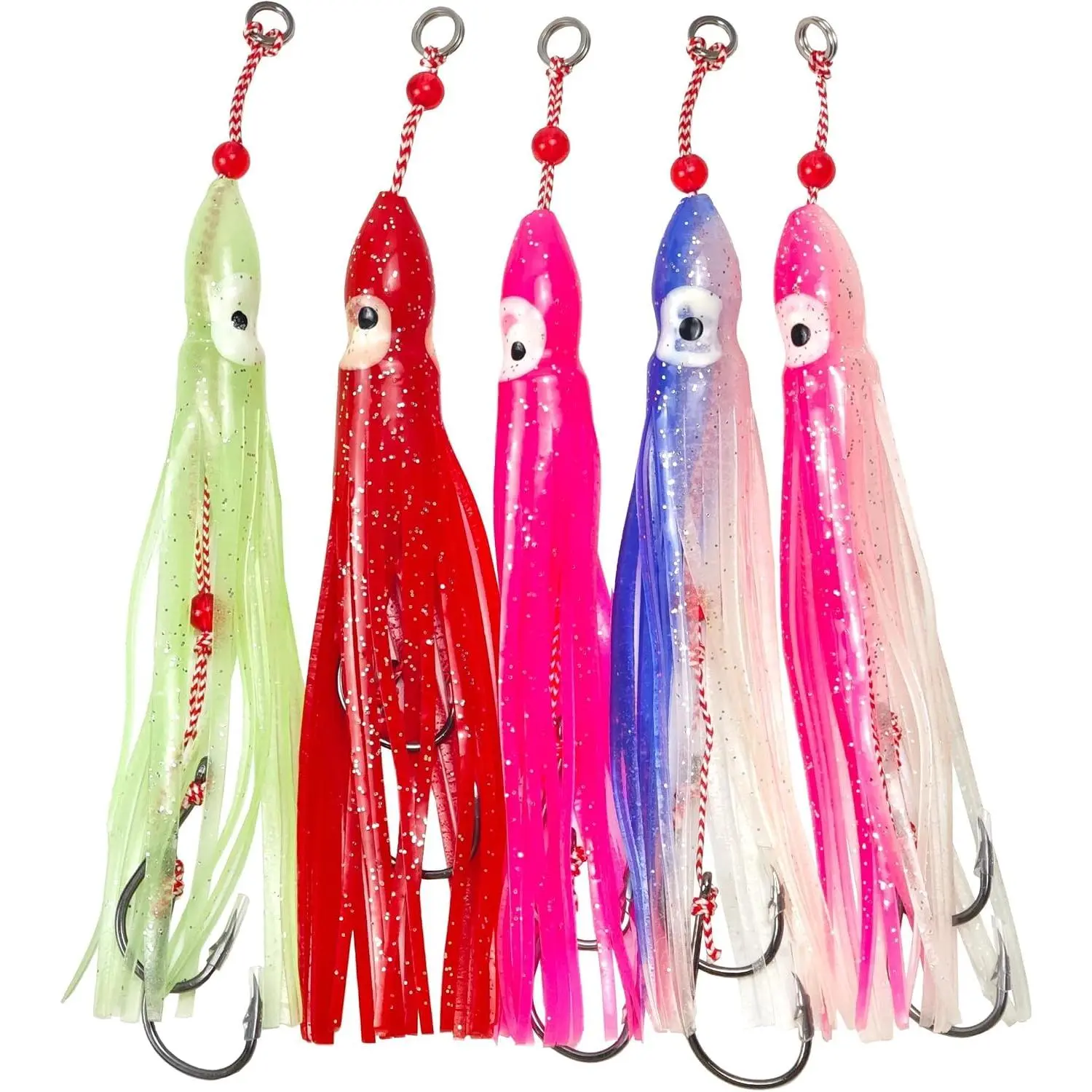 Luminous Squid Soft Baits Saltwater Squid Lures 5 count Pre-Rigged Glow Squid Jig with Assist Hooks UV Octopus Skirt Lures Night Fishing Saltwater Trolling Hoochies for Salmon, Snapper & Trout