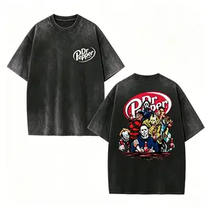 Horror Icons Pepper 2 Sided Vintage Wash Tee, Scary Movie Villains Drinking Pop Graphic Shirt, Funny Halloween Spooky Group Costume T-Shirt, For Men For Women Unisex Oversized Streetwear, Fall Spooky Season Fashion