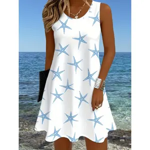 Women's Elegant Sleeveless A-Line Maxi Dress with Star Print - Round Neck Sliding Short H-Line, Machine Washable Suitable for Weddings, Parties, Beach - All-Season Dress