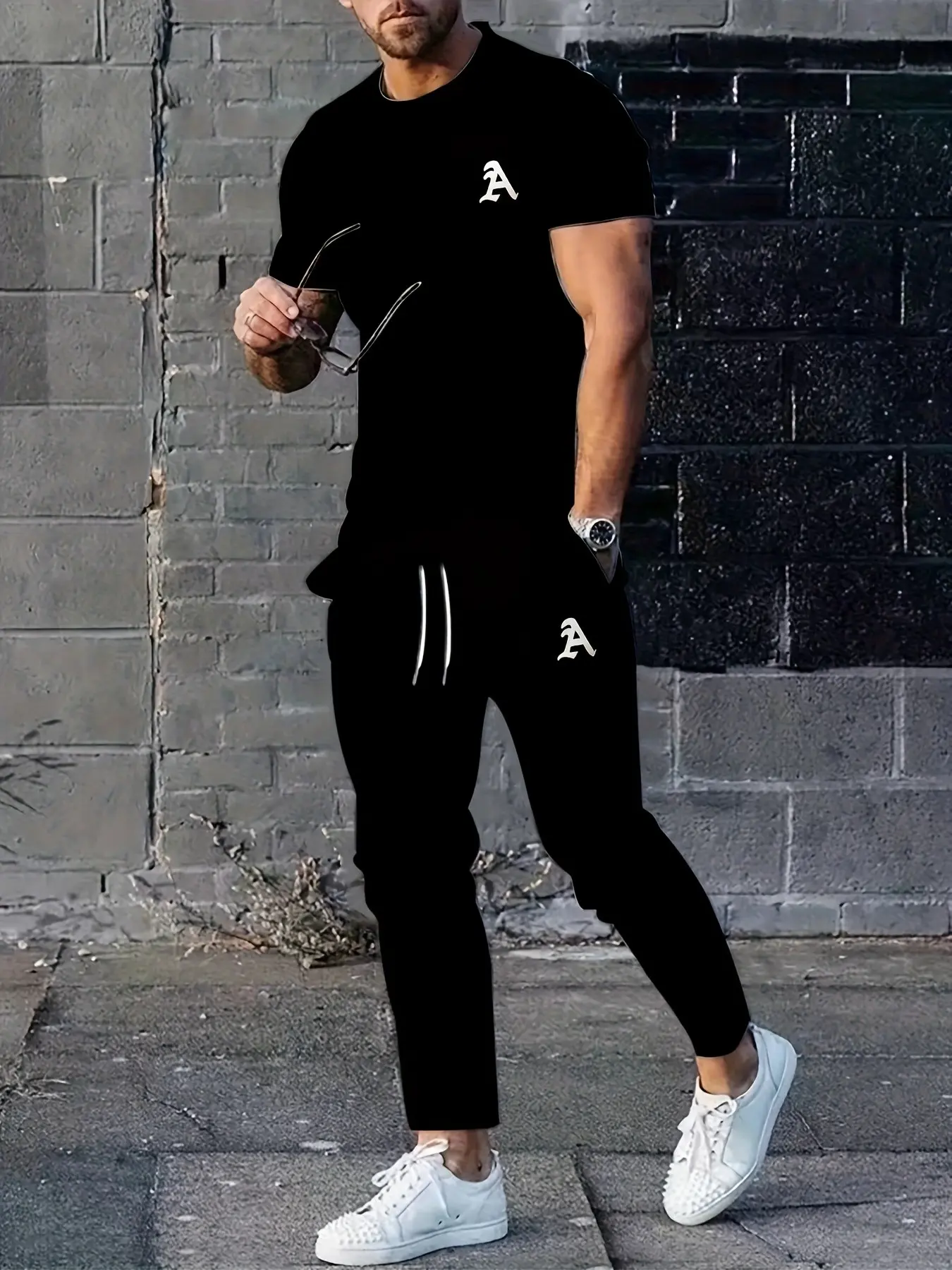 Men's casual short sleeved and long pants combination set, trendy letter printed street men's clothing, versatile set for commuting and outings
