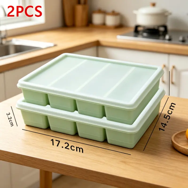 2pcs silicone refrigerator ice-making mold with cover, 4-bar ice tray design, washable, heat-resistant, stackable, suitable for frozen broth, leftovers and preparing meals, large ice cube silicone mold, and household ice storage box with cover.