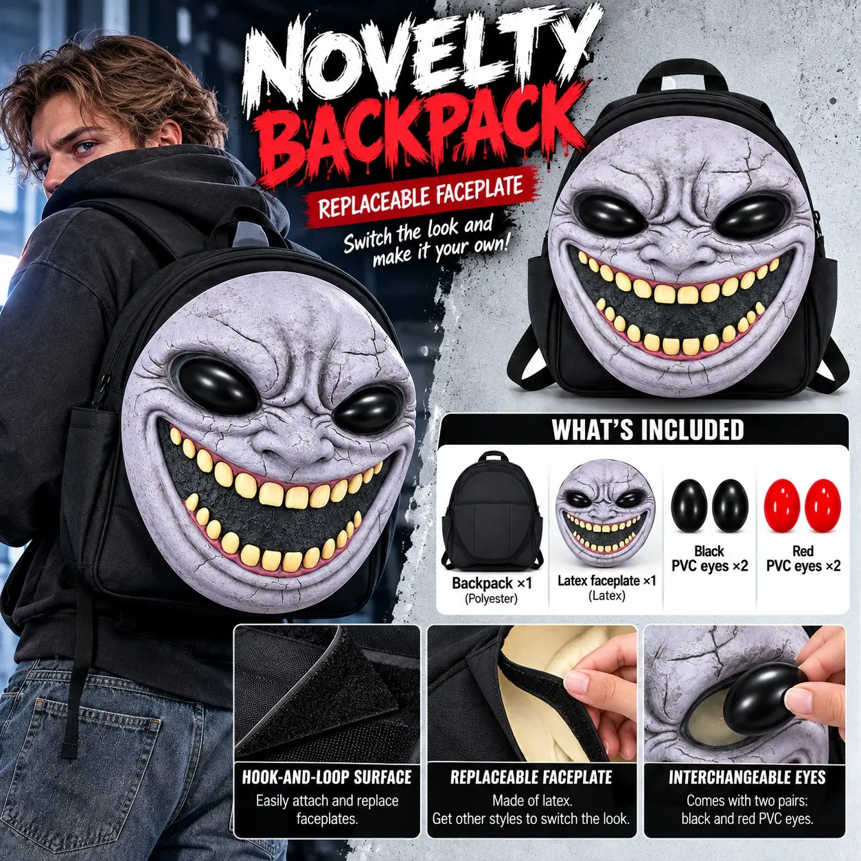 Halloween Scary Monster Backpack, Creepy Smiling Face Bag with Removable Mask, Fun Horror Costume Accessory, New Sports Bags
