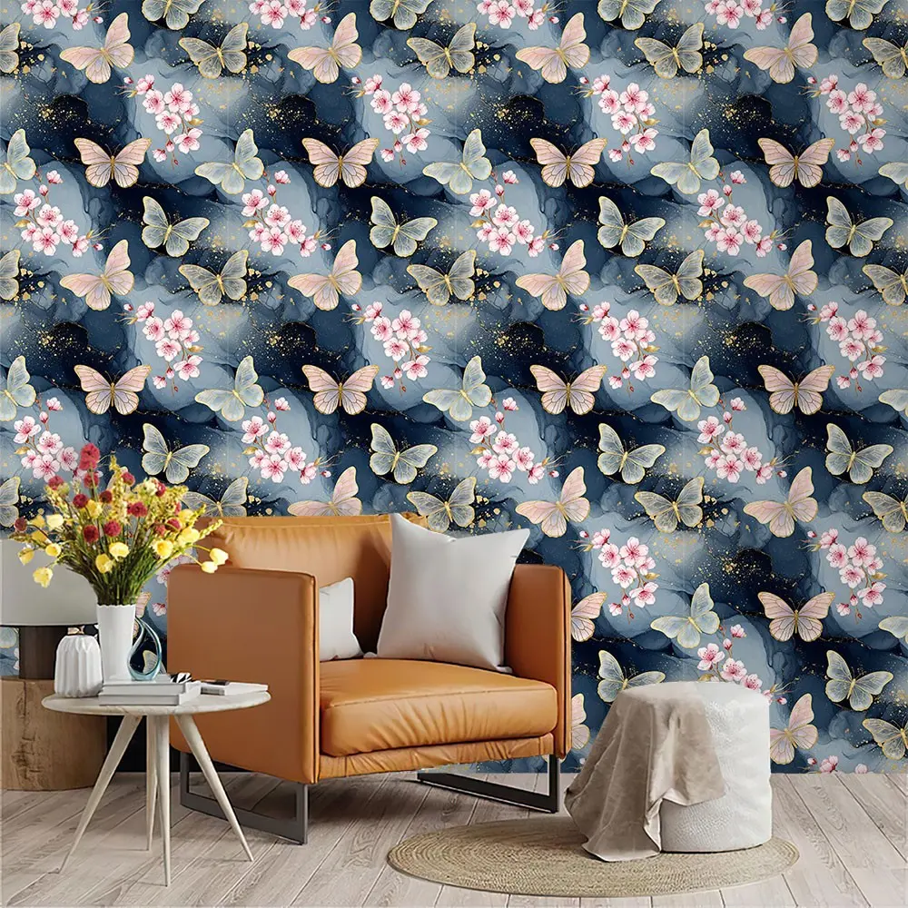 Luxury Watercolor Gold Cherry Blossom Butterfly Wallpaper, PVC Adhesive Backing, Easy Peel & Stick, Ideal for Living Room, Kitchen, Bedroom Decor
