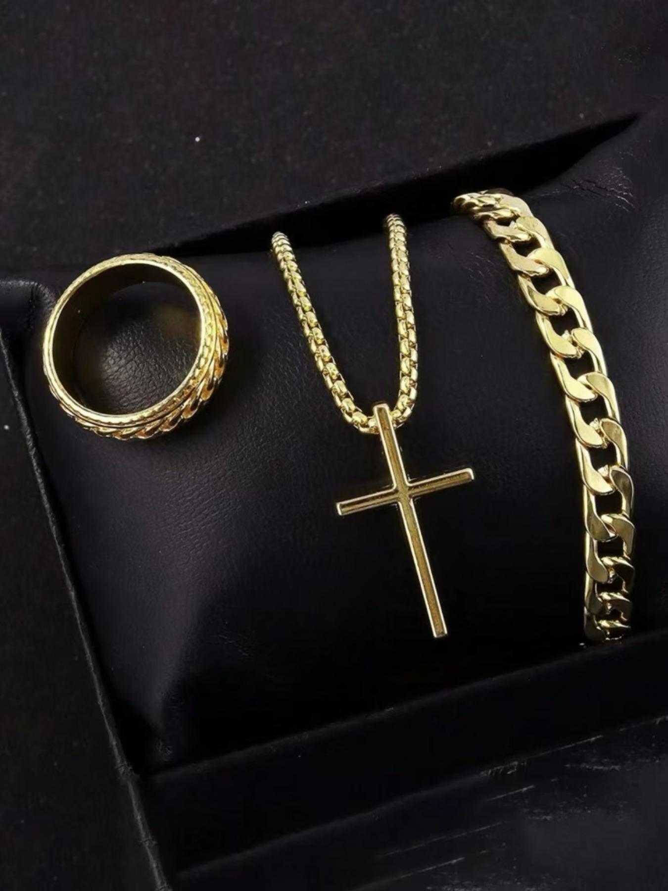 Men's Punk Hip Hop Cross Necklace & Curb Chain Bracelet & Ring, Fashionable Jewelry Set for Party, Daily Decor, Trendy All-match & Exquisite Jewelry for Birthday Gift