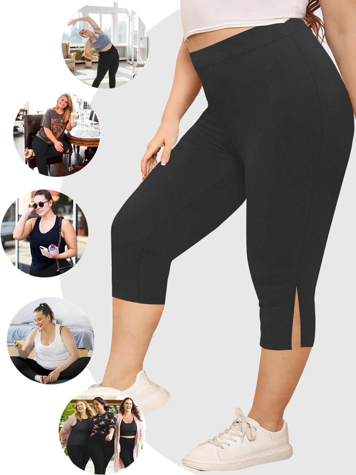 Plus Size Split Hem High Waist Capris Leggings, Casual Comfy Breathable Skinny Capris Pants for Yoga Gym Workout, Women's Bottoms for Summer