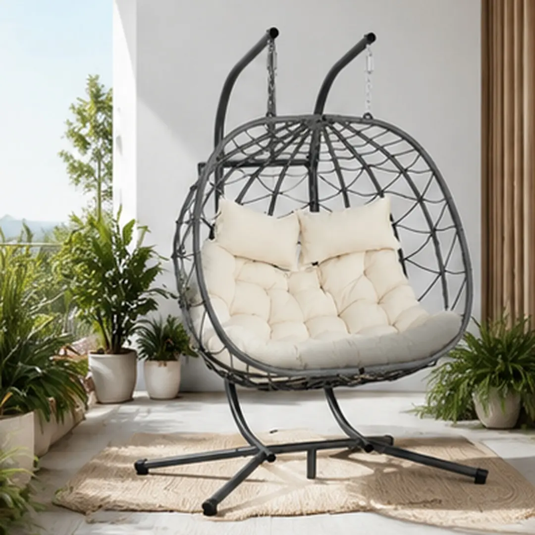 ARCH 2-Person Rattan Egg Hanging Swing Chair with Foldable Steel Frame for Adults - Indoor Bedroom, Outdoor Poolside Patio Garden - 36.20 W x 60.20 D x 76.80 H in Beige Wicker Basket Chair