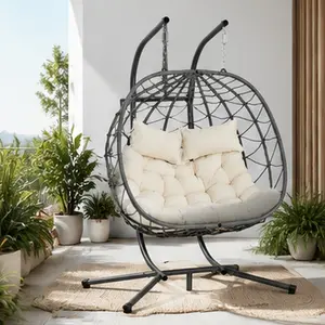 ARCH 2-Person Rattan Egg Hanging Swing Chair with Foldable Steel Frame for Adults - Indoor Bedroom, Outdoor Poolside Patio Garden - 36.20 W x 60.20 D x 76.80 H in Beige Wicker Basket Chair