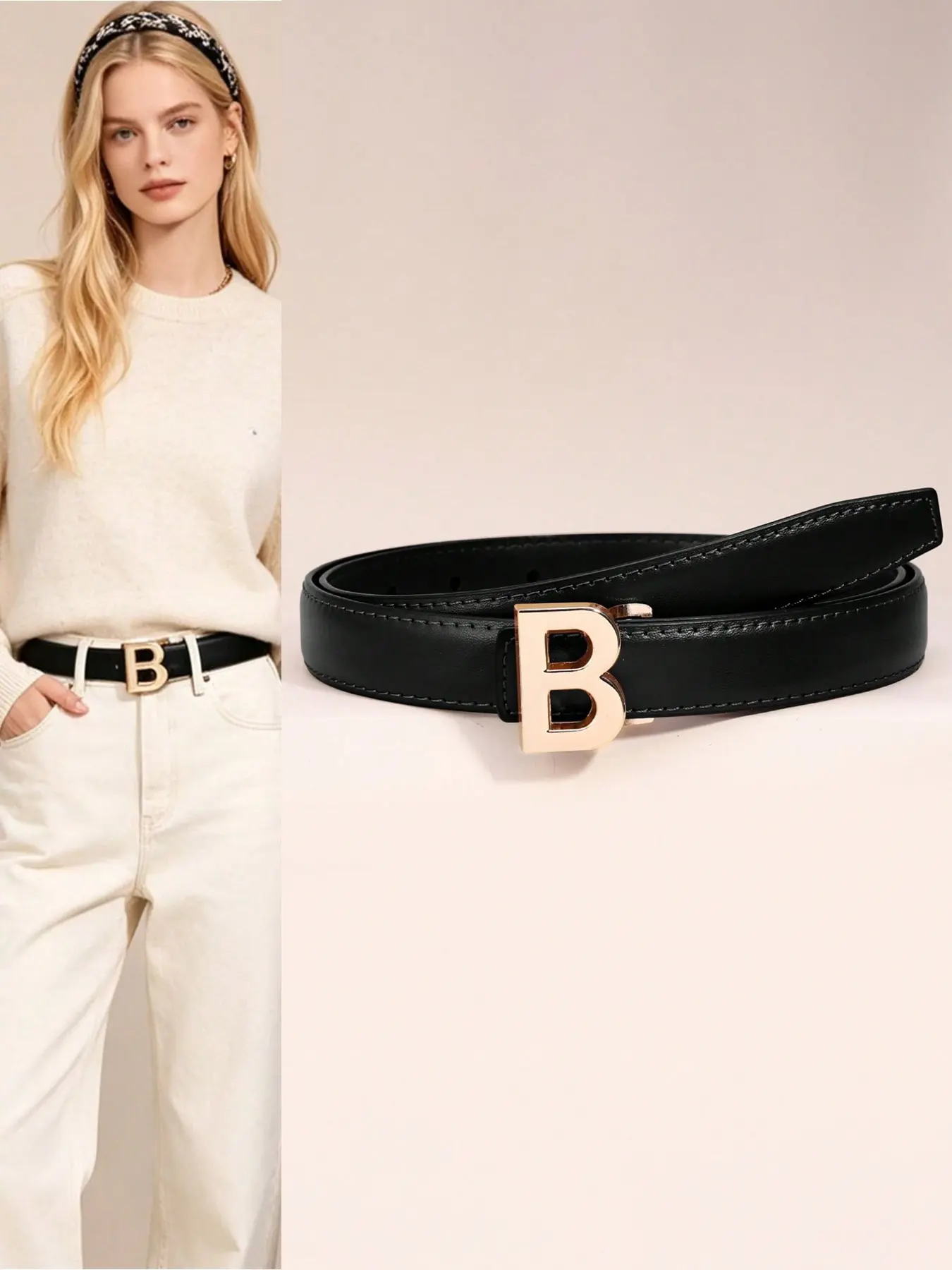 Women's slim fit waist belt, gold letter "B" buckle, minimalist full belt, elegant decorative strap, perfect for suits, daily casual and business wear.