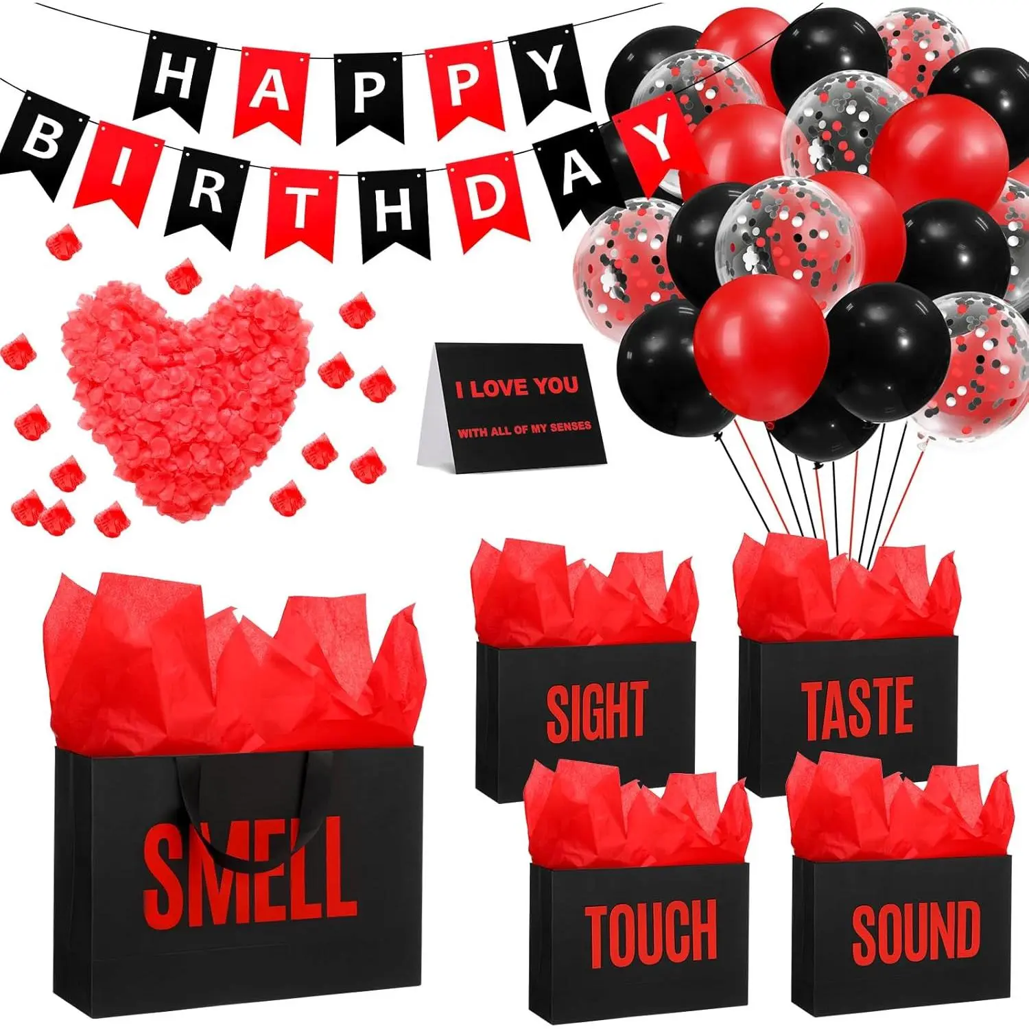 5 Senses Gift Bags for Him Her with Labels, Five Senses Gift Birthday Party Decoration Tissue Paper Handles, Comes with Rose Petals Banner Balloons for Party(Birthday,Red Black)