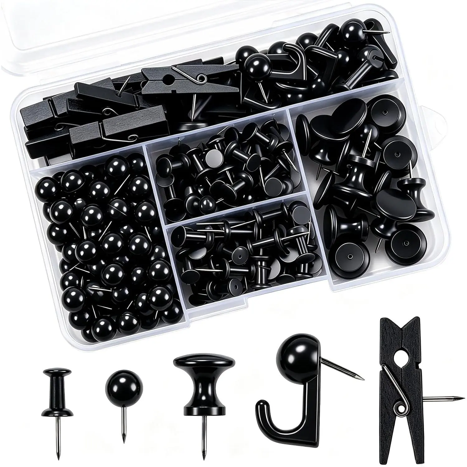 200 count Black Push Pins, 5 Styles Thumb Tacks for Cork Boards and Photos