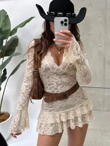 Women's Lace Floral See-Through Long Sleeve V Neck Flounce Flared Sleeves Short Dress Nightgown Loungewear, Elegant Sleepwear for Ladies, Comfortable & Stylish