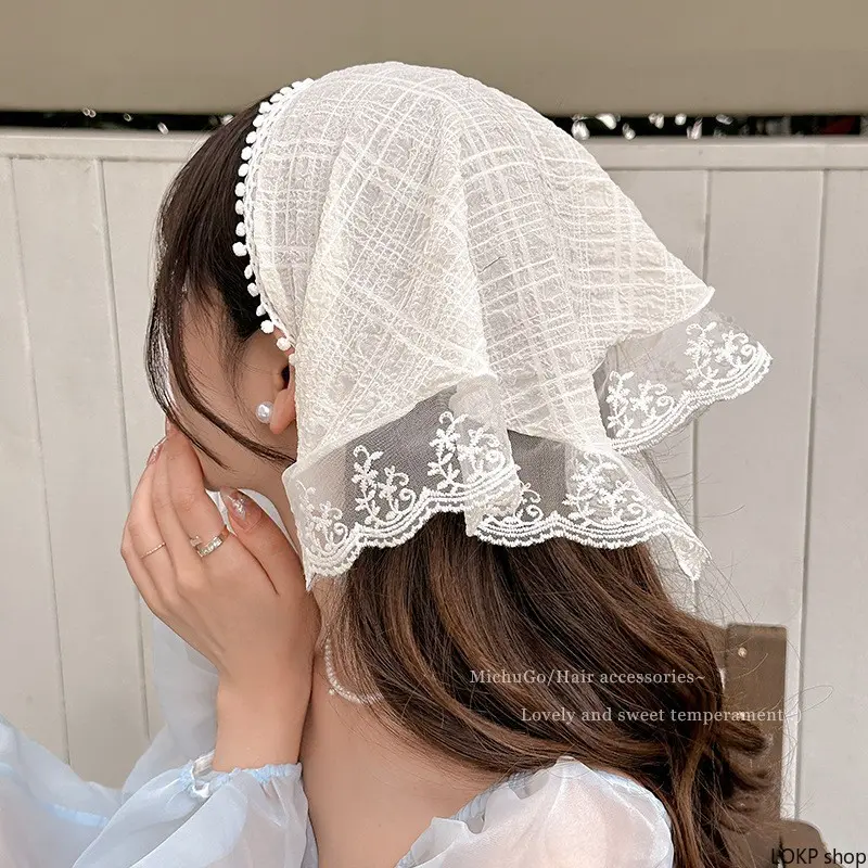 Women's Boho Lace Floral Embroidered Head Scarf - Vintage Lightweight Hair Wrap Accessory, Elegant Bandana for Wedding, Formal Occasions