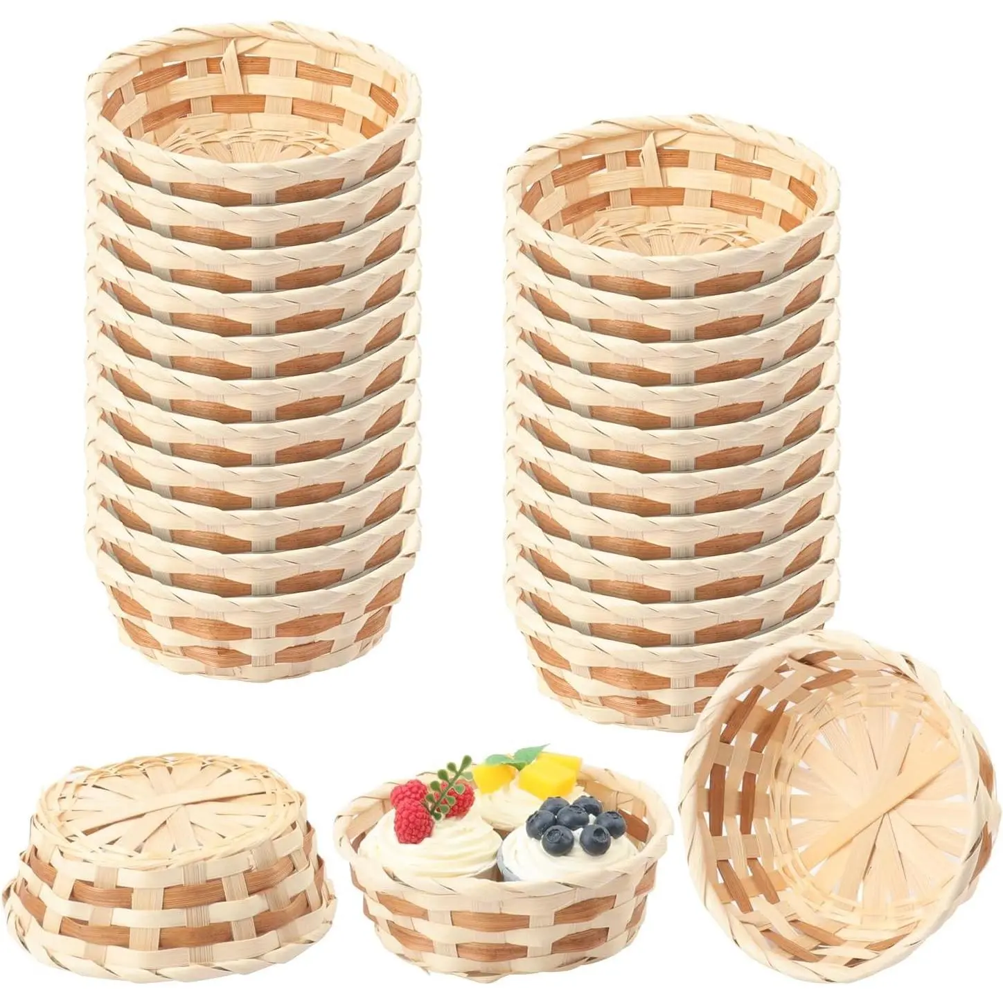 24 Pack 6.3 Inch Round Bamboo Bread Basket, Woven Fruit Baskets, Food Serving Baskets for Kitchen, Restaurant, or Decor