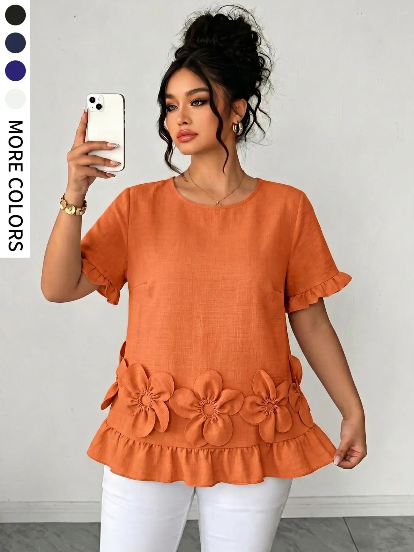 Plus Size Women's Plain Casual Shirt, 3D Flower Embellishment, Short Sleeve Ruffle Hem, Comfortable Daily Top, Perfect for Parties, Dates, Holidays, Graduation