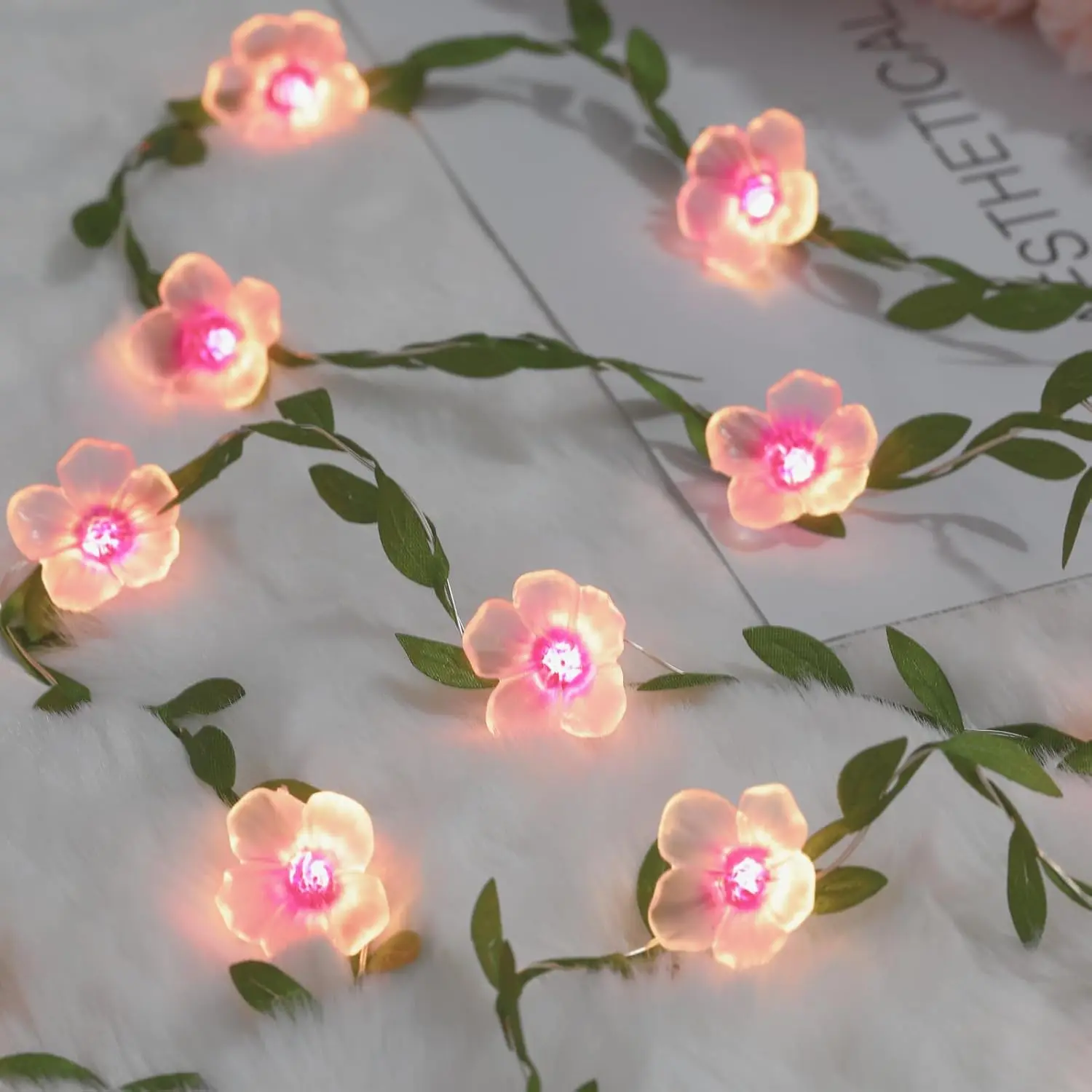 Cherry Blossom Vine Lights 13ft 40 LED Flower String Lights USB Plugin & Battery Operated Lights with Timer 8 Modes Remote Decorative Light for Back to School Bedroom Wedding Birthday Gift