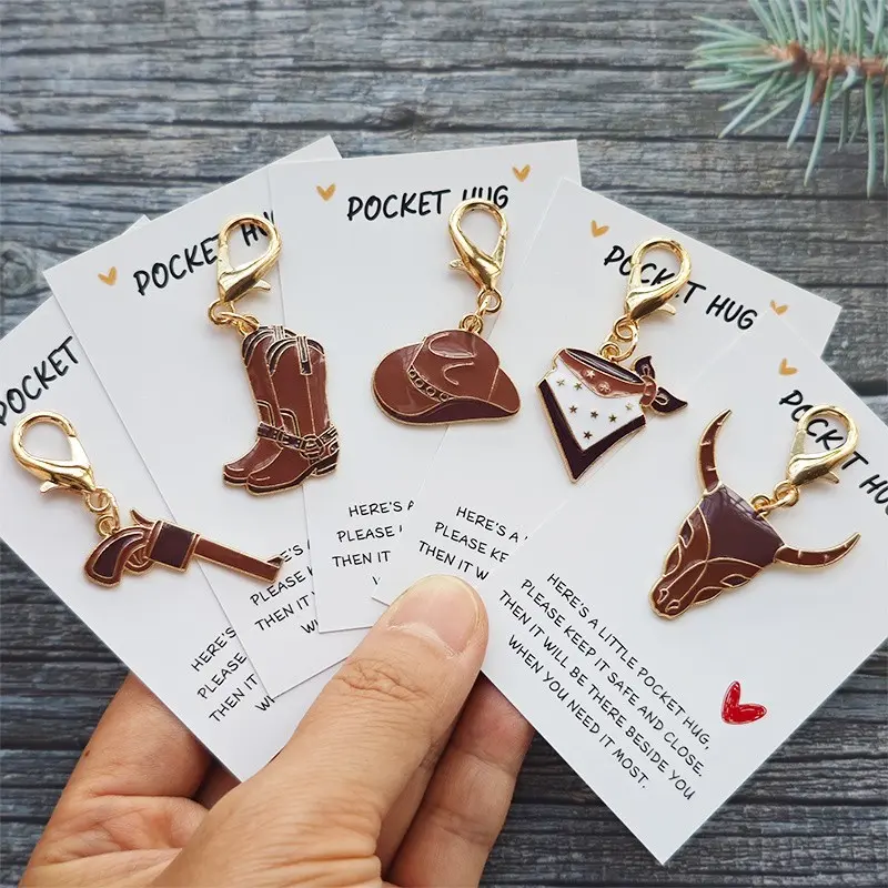 5pcs Western Cowboy Pocket Hug Charms, Cowboy Boot, Hat, Bull & Gun Enamel Keychains, Encouragement Cards, Perfect Gift Set