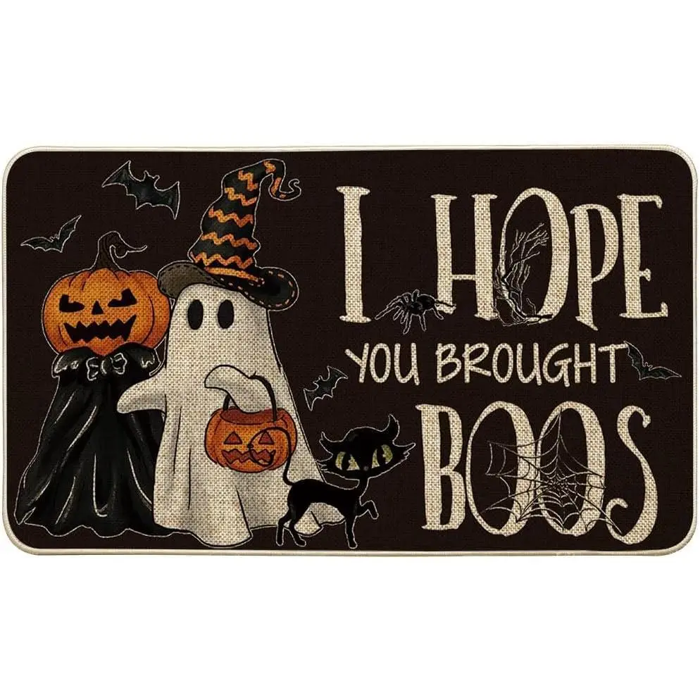 Halloween Themed Funny Doormat, Pumpkin Theme Front Door Decor with Black Ghosts, Pumpkins & Spider Web, 24x16 in/32x20 in Durable Dustproof Low-Profile Indoor Outdoor Rugs with "I Hope You Brought Boos" Design