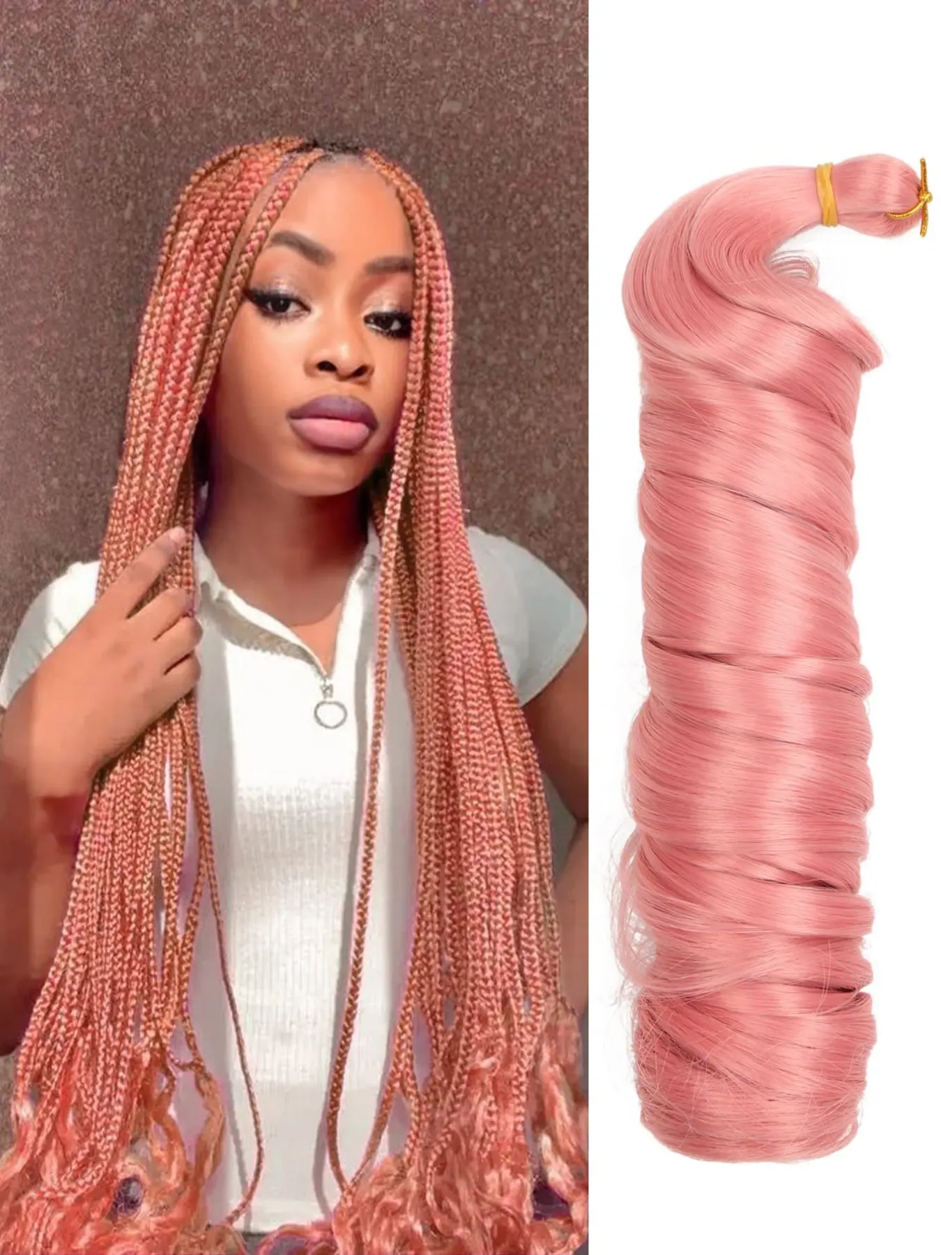22-Inch French Curl Braiding Hair – Pre-stretched, loose wavy crochet braiding hair with bouncy curls; 150g/pack; synthetic fiber; available in pink, gold, gray, green, red, purple, and brown; suitable for Daily Use Braids.